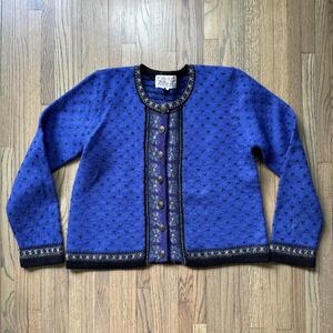 Vintage Tally-Ho Cardigan Sweater Women's Petite M Blue 100% Wool Fair Isle